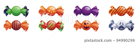Set of candy in different wrappers in halloween style.Trick or Treat, Halloween holiday. Cartoon vector illustration Set of candy in different wrappers in halloween style.Trick or Treat, Halloween holiday. Cartoon vector illustration 94990299