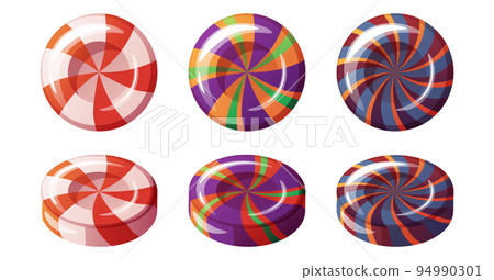 Round lollipops with spiral patterns in Halloween colors on an isolated background. A set of sweets for decor, design, etc. Round lollipops with spiral patterns in Halloween colors on an isolated background. A set of sweets for decor, design, etc. 94990301