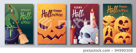 Set of vector postcards for Halloween. Witch s cauldron, scary pumpkins, broom, skull, candles. Illustration for greeting cards, invitations, banners, posters 94990308