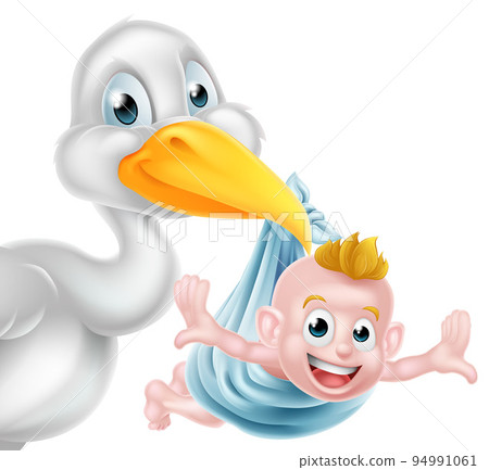 Cartoon stork delivering baby 94991061