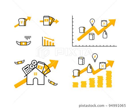 Soaring prices / price rise illustration set price rise inflation food daily necessities electricity bill icon graph arrow 94991065