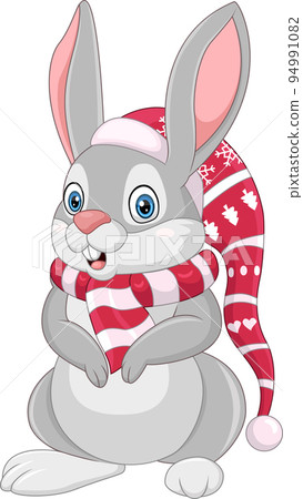 Cartoon rabbit in a santa hat and scarf 94991082