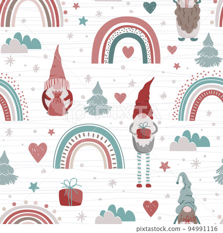 Cute Christmas gnomes and rainbows seamless pattern on white background. Design for textile prints, kids design, decor, wrapping Cute Christmas gnomes and rainbows seamless pattern on white background. Design for textile prints, kids design, decor, wrapping 94991116
