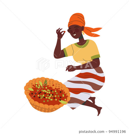 Woman Character Harvesting Coffee Picking Fresh Fruit in Basket Vector Illustration Woman Character Harvesting Coffee Picking Fresh Fruit in Basket Vector Illustration 94991196
