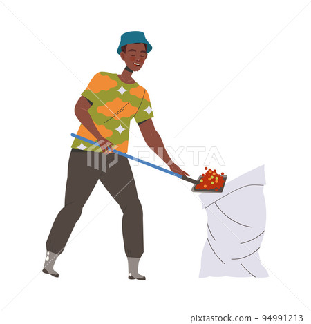 Man Character Harvesting Coffee Pouring Fresh Fruit in Sack with Shovel Vector Illustration Man Character Harvesting Coffee Pouring Fresh Fruit in Sack with Shovel Vector Illustration 94991213