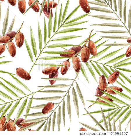 Beautiful vector tropical seamless pattern with hand drawn watercolor palm tree leaves and date fruit branches. Stock illustration. Beautiful vector tropical seamless pattern with hand drawn watercolor palm tree leaves and date fruit branches. Stock illustration. 94991307