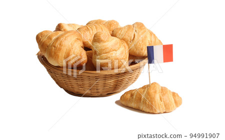 Fresh Baked Croissant Rolls Isolated on White Background With Flag of France 94991907