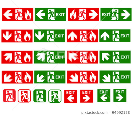 emergency fire exit door and exit door. fire exit sign. emergency exit icon. flat style. emergency fire exit door and exit door. fire exit sign. emergency exit icon. flat style. 94992158