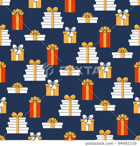 Seamless pattern with gifts. Various boxes with ribbons. Festive flat style design for packaging and print. Vector Seamless pattern with gifts. Various boxes with ribbons. Festive flat style design for packaging and print. Vector 94992316