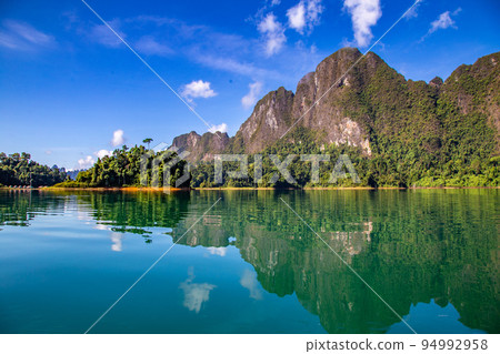View of Khao Sok national park Cheow Lan Dam lake in Surat Thani, Thailand 94992958