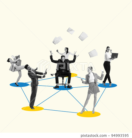 Business process. Contemporary art collage made of shots of young men and women, managers working hardly isolated over white background, Concept of boss, teem, finance, career, teamwork. Business process. Contemporary art collage made of shots of young men and women, managers working hardly isolated over white background, Concept of boss, teem, finance, career, teamwork. 94993595