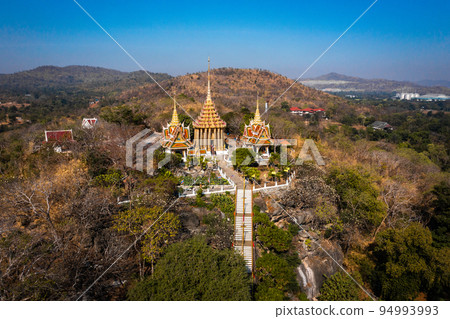 Aerial view of Wat Khao Phra Si Sanphet, temple on top of the hill, in Suphan Buri, Thailand 94993993