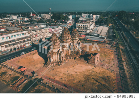 Aerial view of Pra Prang Sam Yod or Phra Prang Sam Yot ruin temple with monkeys, in Lopburi 94993995