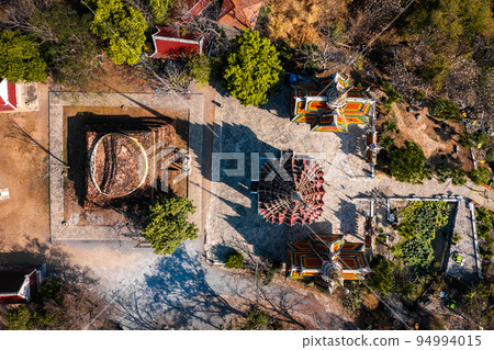 Aerial view of Wat Khao Phra Si Sanphet, temple on top of the hill, in Suphan Buri, Thailand 94994015