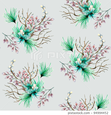 Christmas seamless pattern of coniferous branch, needles watercolor isolated on green. Christmas seamless pattern of coniferous branch, needles watercolor isolated on green. 94994452