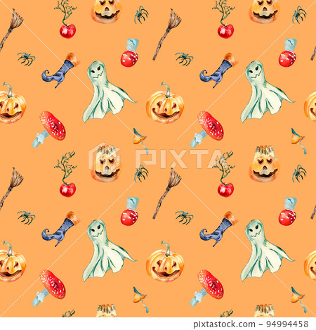 Cute halloween ghost watercolor seamless pattern isolated on orange. 94994458
