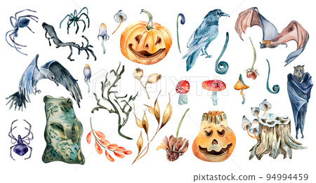 Set of Halloween symbols watercolor illustration isolated on white background. 94994459