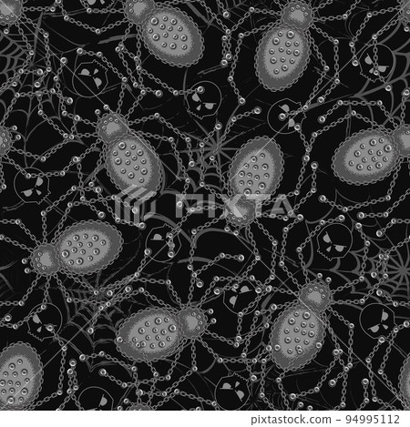 Seamless pattern with spiders made of rough metallic black chain, rivets Seamless pattern with spiders made of rough metallic black chain, rivets 94995112