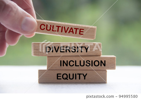 Hand holding wooden block with text - Cultivate diversity, inclusion and equity. Business culture concept Hand holding wooden block with text - Cultivate diversity, inclusion and equity. Business culture concept 94995580