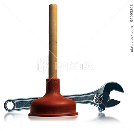 Red Rubber Plunger with Wooden Handle and Stainless Steel Adjustable Wrench 94995808