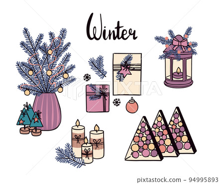 Set with christmas decor. Icons stickers in hand drawn style with outline. 94995893