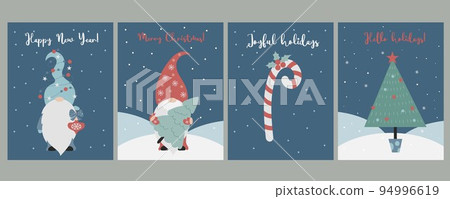 Collection of Christmas posters with scandinavian gnomes. Cute bearded New Years gnome with Christmas tree and Christmas tree toy and caramel stick with holiday inscriptions. Vector illustration. Collection of Christmas posters with scandinavian gnomes. Cute bearded New Years gnome with Christmas tree and Christmas tree toy and caramel stick with holiday inscriptions. Vector illustration. 94996619