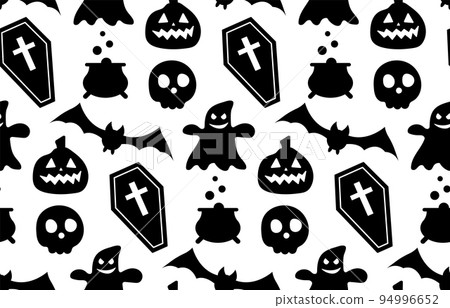 Seamless repeating pattern with Halloween symbols. Design of silhouettes for the holiday Halloween. for postcard, fabric, banner, template, wrapping paper. Vector flat illustration. 94996652