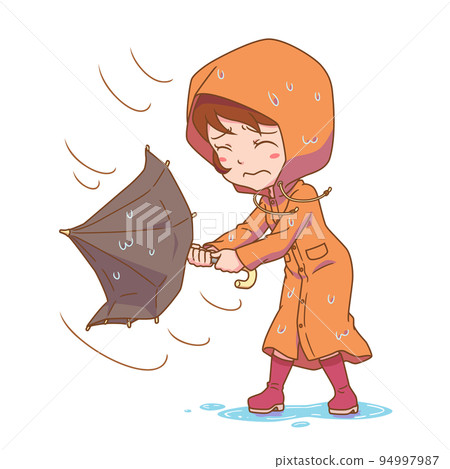 Cartoon character of girl holding broken umbrella in rainstorm. 94997987