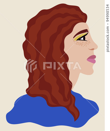Vector illustration of redhead woman in blue T-shirt isolated on light yellow background. Vector illustration of redhead woman in blue T-shirt isolated on light yellow background. 94998534