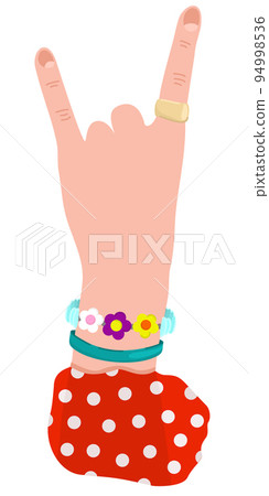 Vector isolated illustration of woman's hand in a sign of horns. With golden ring, colorful bracelets and in red dress with white dots. Vector isolated illustration of woman's hand in a sign of horns. With golden ring, colorful bracelets and in red dress with white dots. 94998536