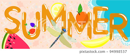Vector bright summer illustration with lettreing. Sea, sand, dragonfly and sweet summer fruits. 94998537