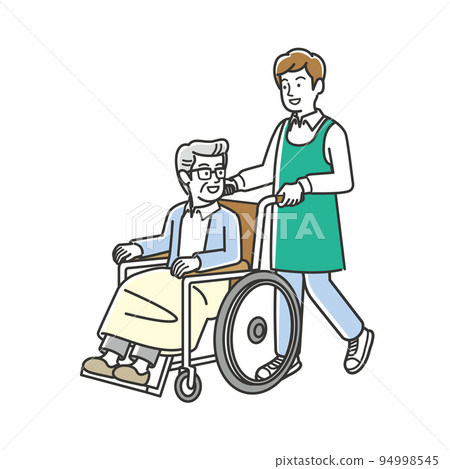 Wheelchair-riding senior men and care staff Wheelchair-riding senior men and care staff 94998545