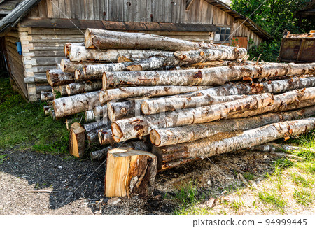 Deforestation, stacked timber at the countryside in sunny day 94999445