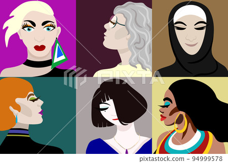 Vector collection of portraits of six different women. Diversity concept. 94999578