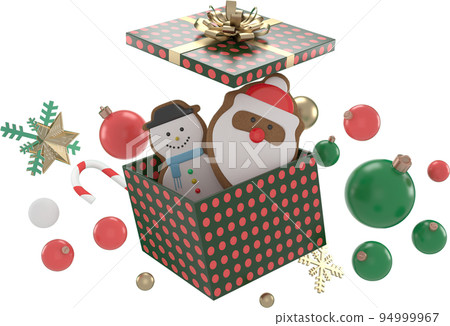 3d Rendering Christmas or new year elements background with decorative balls, star, snow and gif box. Colorful gifts for holidays. Modern design. Isolated  illustration. 94999967