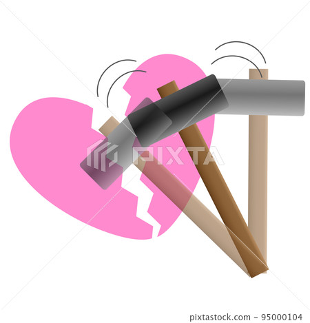 Divorce, breakup, heartbreak. Love is smashed with a hammer. An image of broken love. 95000104