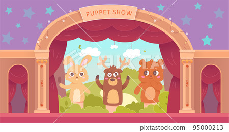 Puppet show with marionettes on theater stage, booth with red curtains, vintage columns 95000213
