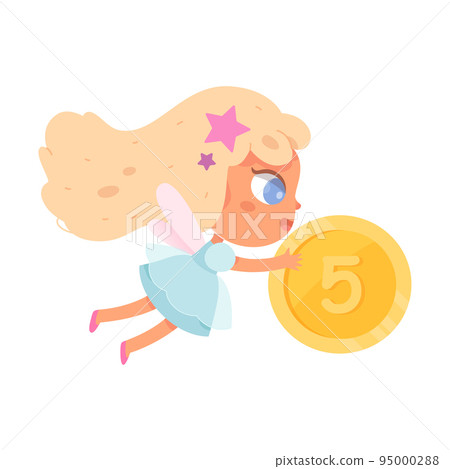 Tooth fairy character flying with gold coin, beautiful magical godmother carrying money Tooth fairy character flying with gold coin, beautiful magical godmother carrying money 95000288