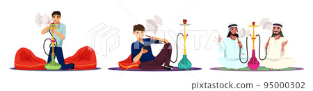 People smoke hookah set, male characters smoking with shisha pipes, sitting on floor 95000302