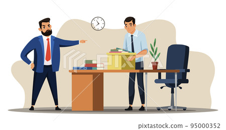 Unemployment concept with angry boss dismisses employee. Director points fired manager at door, sad man leaves office cabinet. Jobless troubles, work crisis, job reduction. Vector illustration 95000352