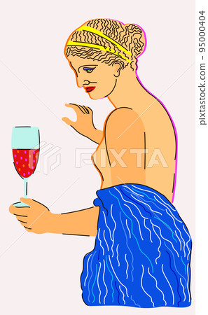 Vector bright illustration of ancient statue of woman with glass of wine. Isolated on light background. 95000404