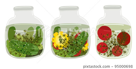 Vector collection of three glass jars of pickled vegetables, cucumbers, tomatoes and pattissons with dill and peppercorns. Isolated on white background. Vector collection of three glass jars of pickled vegetables, cucumbers, tomatoes and pattissons with dill and peppercorns. Isolated on white background. 95000698