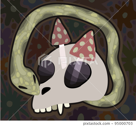 Skull with mushrooms on the top, with snake writhing around. On dark floral background. Skull with mushrooms on the top, with snake writhing around. On dark floral background. 95000703