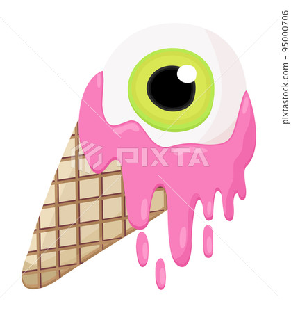 Ice cream cone with green eye and melting pink topping. Vector bright isolated illustration. Ice cream cone with green eye and melting pink topping. Vector bright isolated illustration. 95000706
