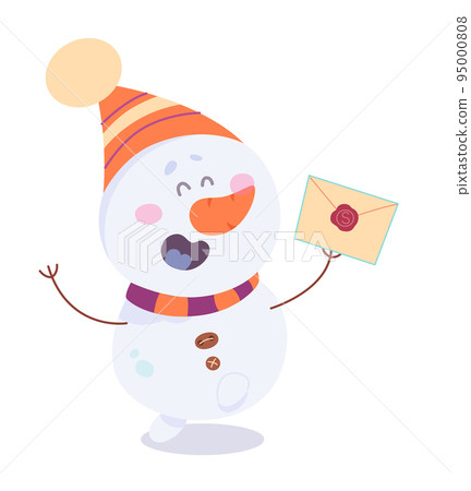 Cute happy snowman holding paper envelope, receiving Merry Christmas greeting card Cute happy snowman holding paper envelope, receiving Merry Christmas greeting card 95000808