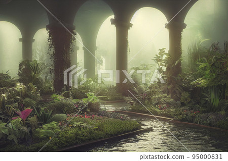 Beautiful indoor garden filled with plants and waterways. 3d render photorealistic 95000831