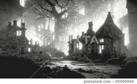 Blurred background of decrepit haunted house in the dark, Halloween background concept. 95000844