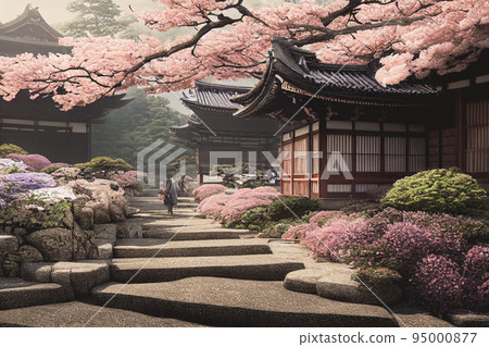 3D Render Of Old Town Japan With Cherry Blossom... - Stock Illustration ...