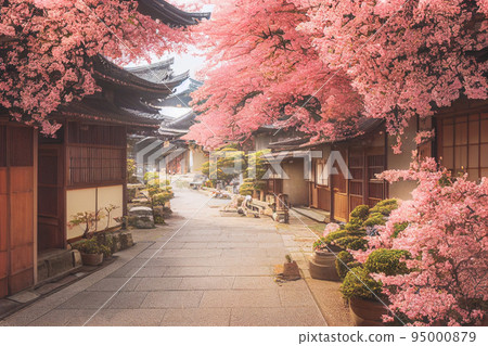 3D render of Old town Japan with cherry blossom trees 95000879