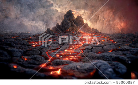 Lava was in the cracks of the earth to view the texture of the glow of volcanic magma in the cracks 95000887